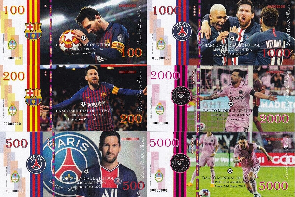 Messi Set 6 PCS 100 200 500 - 5000 pesos Banco Mundial de Football 2023 FANTASY