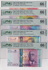 Cape Verde Set 5; 200 500 1000-5000 Escudos 2014 P 72- 76 Gem UNC PMG 65 66 EPQ
