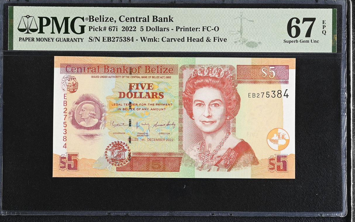 Belize 5 Dollars 2022 P 67 i Superb Gem UNC PMG 67 EPQ