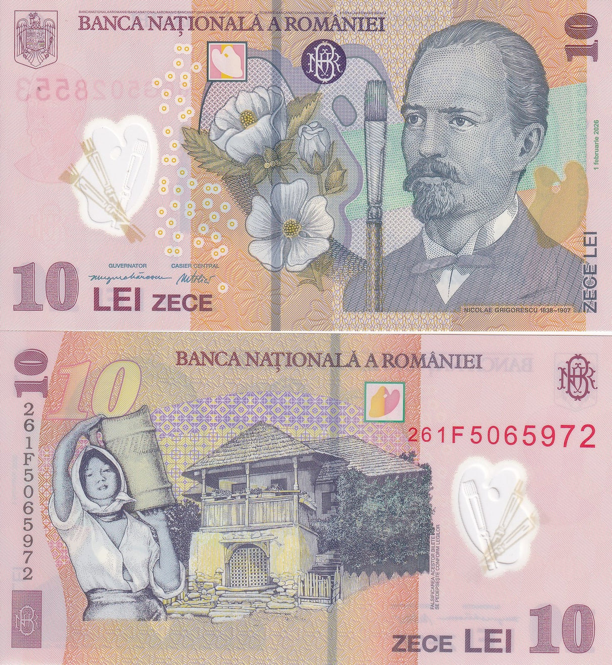 Romania 10 Lei 2026 P 119 Polymer UNC ,mallow flowers, fortified house