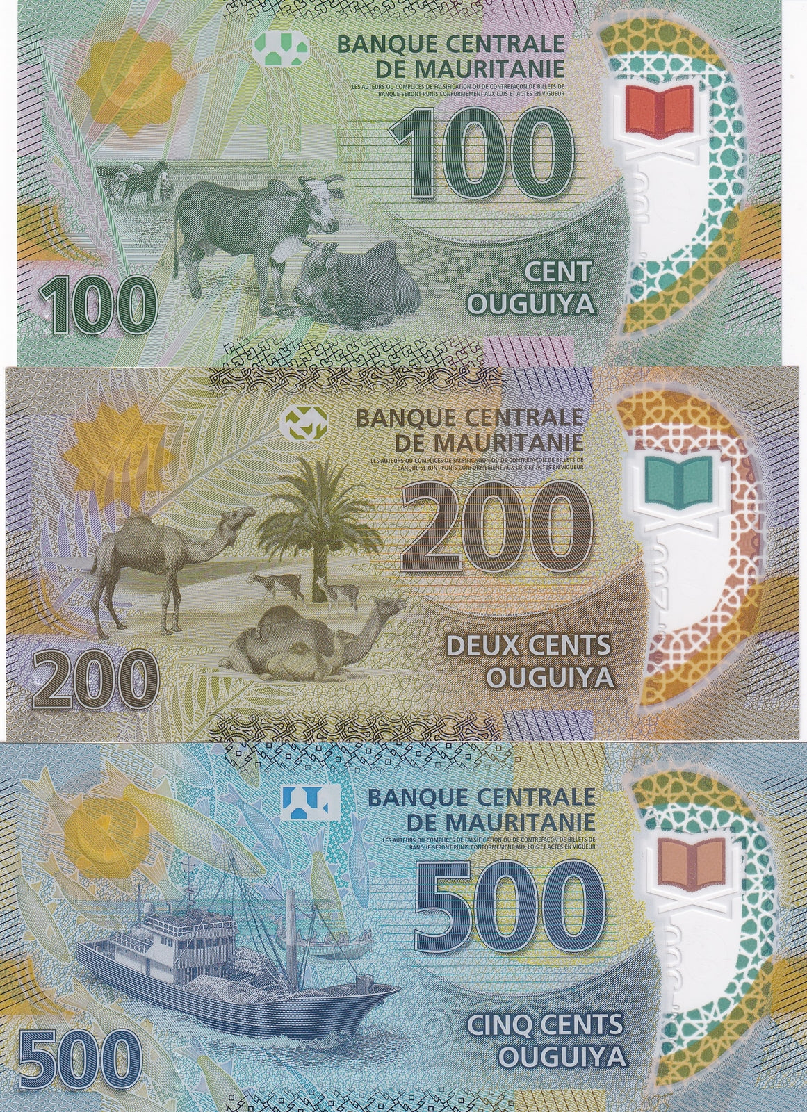Mauritania Set 3 Pcs 100 200 500 Ouguiya 2017-2020 P 23 24 25 UNC
