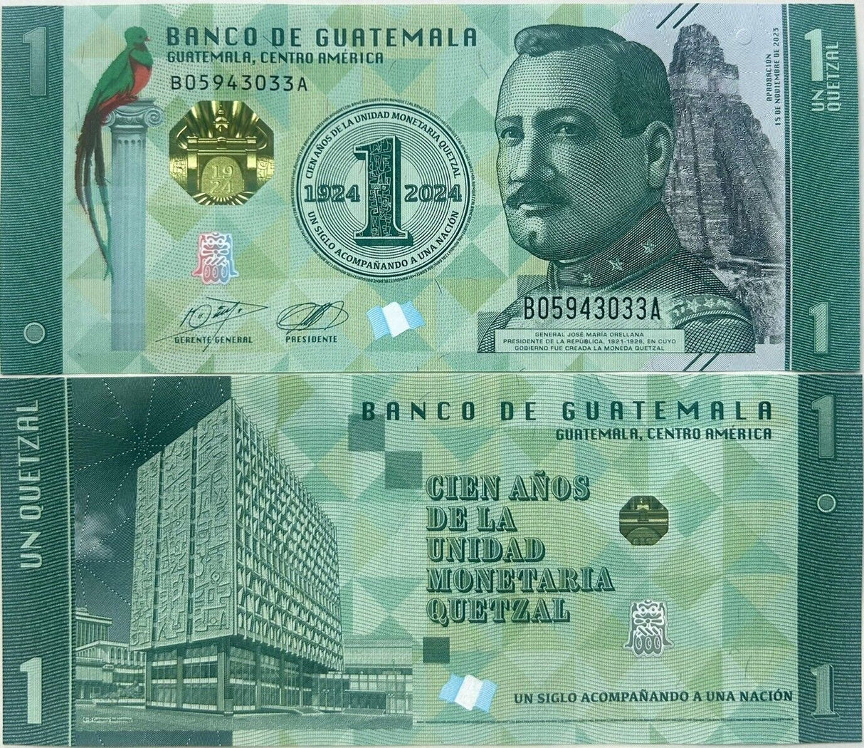 Guatemala 1 Quetzal 2023 2024 Commemorative 100th P New LOT 100 UNC 1 Bundle