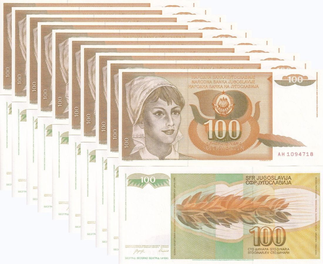 Yugoslavia 100 Dinara 1990 P 105 UNC LOT 10 PCS, Peasant woman Wheat ear
