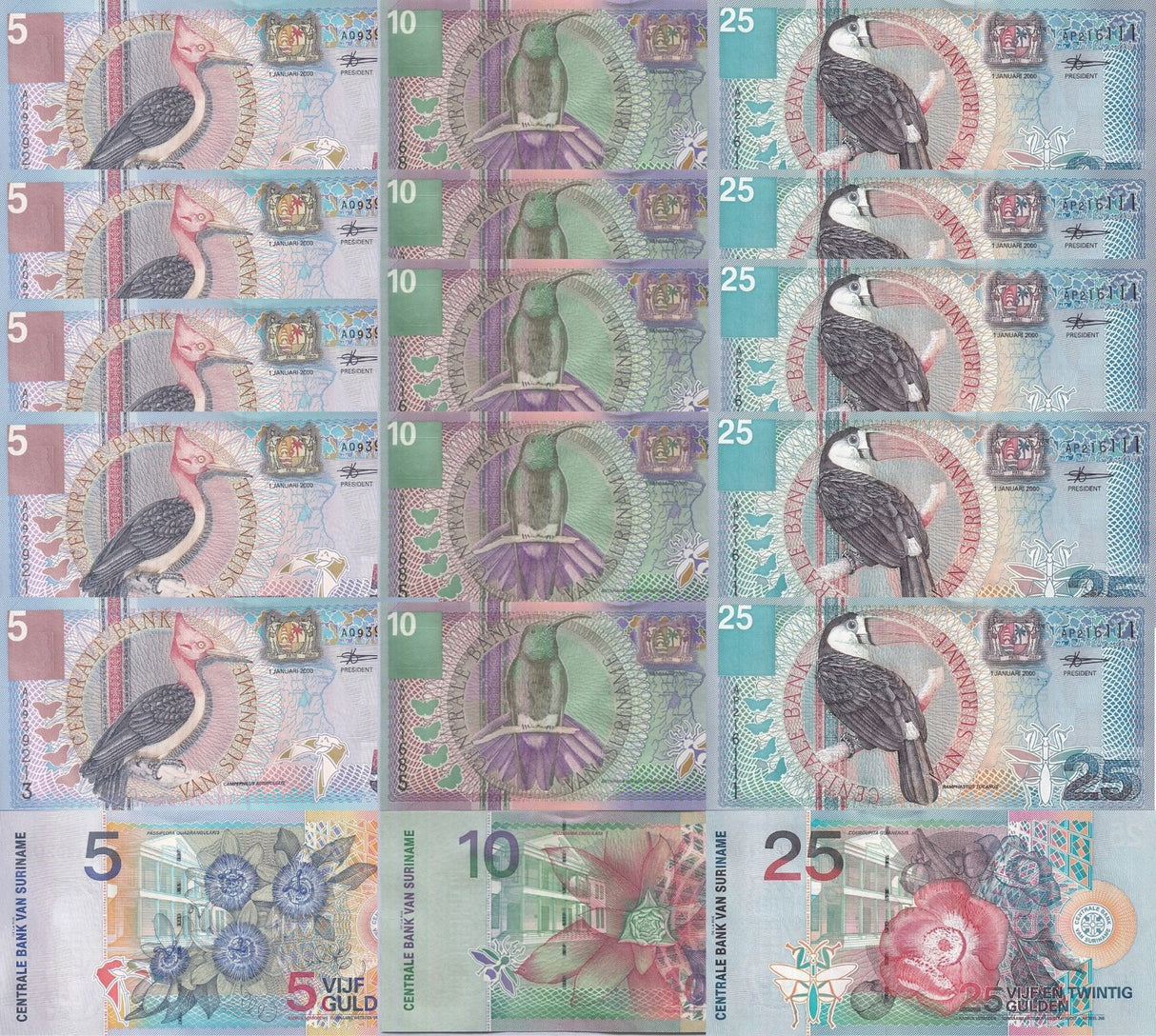 Suriname SET 3 X 5 SETS = 15 UNC 5 10 25 Gulden 2000 P 146 147 148 Birds