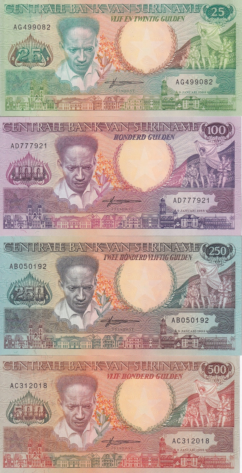 Suriname Set 4 Pcs 25 100 250 500 Gulden 1986 1988 P 132 133 P 134 P 135 UNC