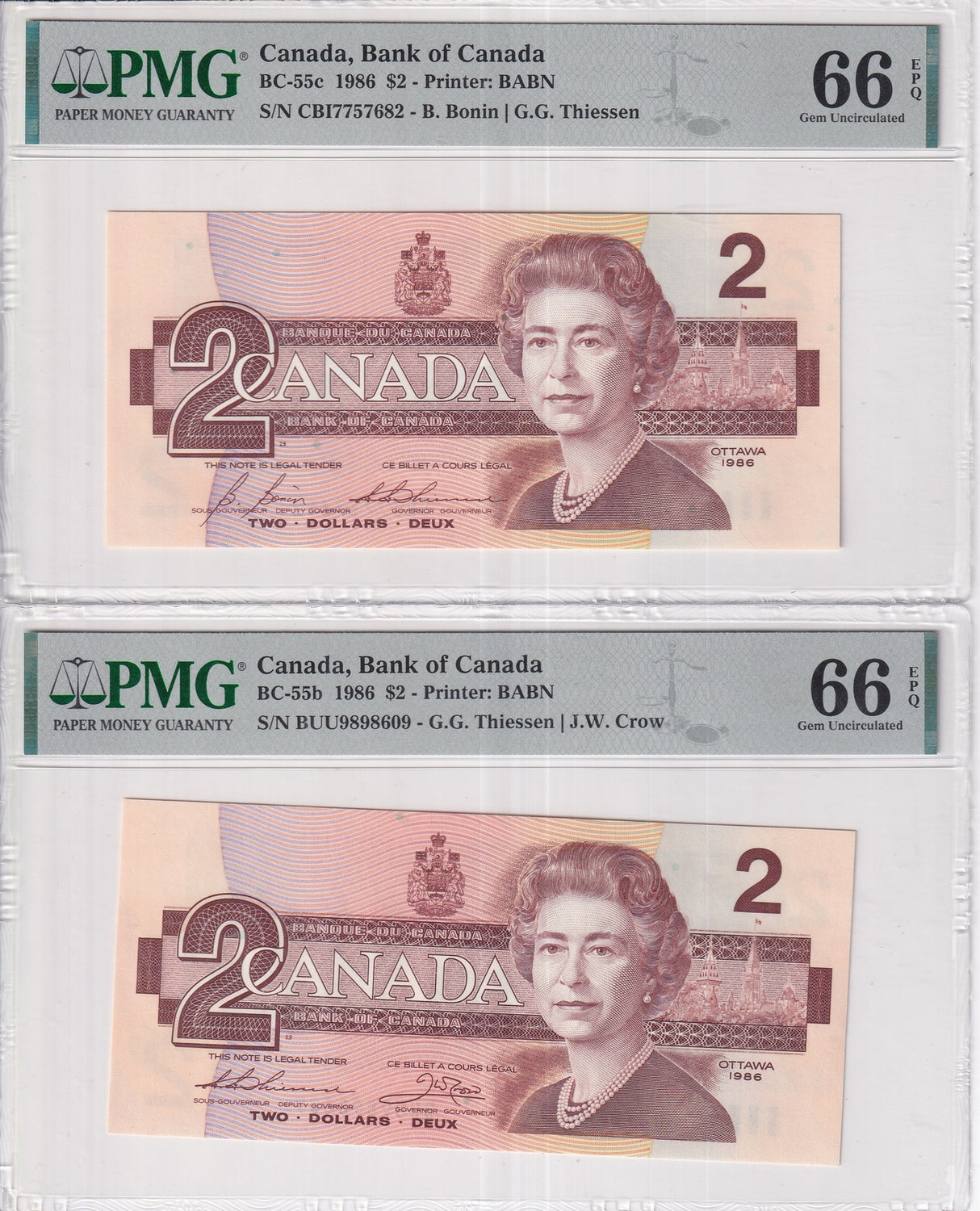 Canada Set 2; 2 Dollars 1986 P 94 BC-55b 55c Gem UNC PMG 66 EPQ