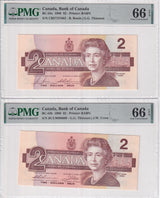 Canada Set 2; 2 Dollars 1986 P 94 BC-55b 55c Gem UNC PMG 66 EPQ