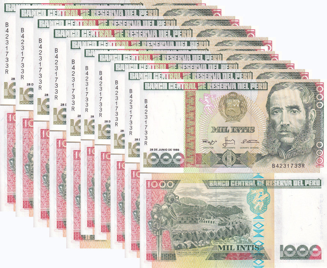 Peru 1000 Intis 1988 P 136 b UNC LOT 10 PCS