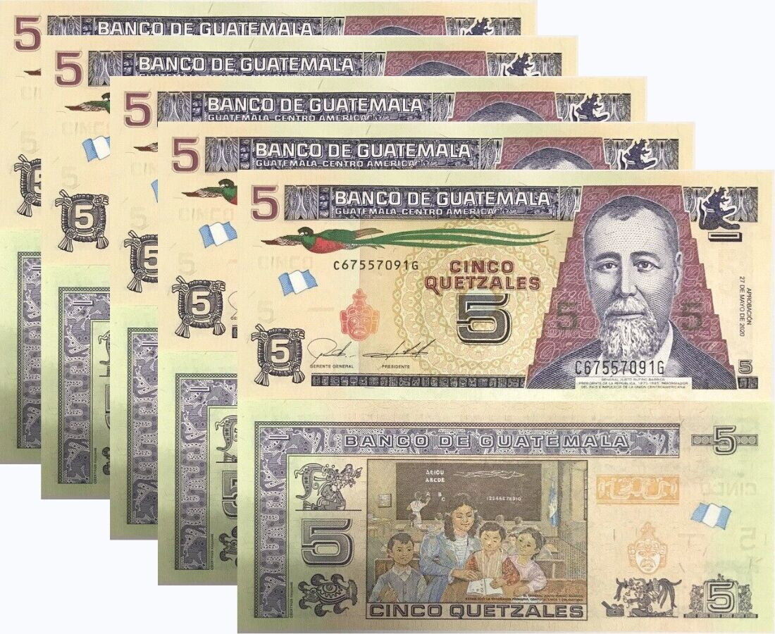 Guatemala 5 Quetzales 27 MAY 2020 P 122A UNC LOT 5 PCS