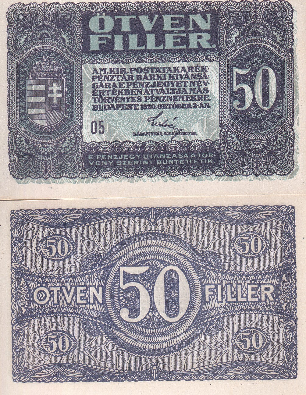 Hungary 50 Filler 1920 p 44 UNC , small note Magyar Postatakarekpenztar