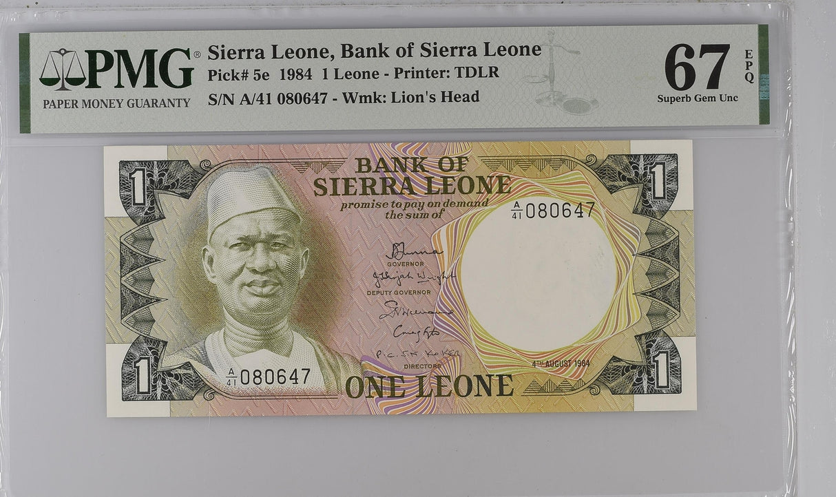 Sierra Leone 1 Leone 1984 P 5 e Superb Gem UNC PMG 67 EPQ