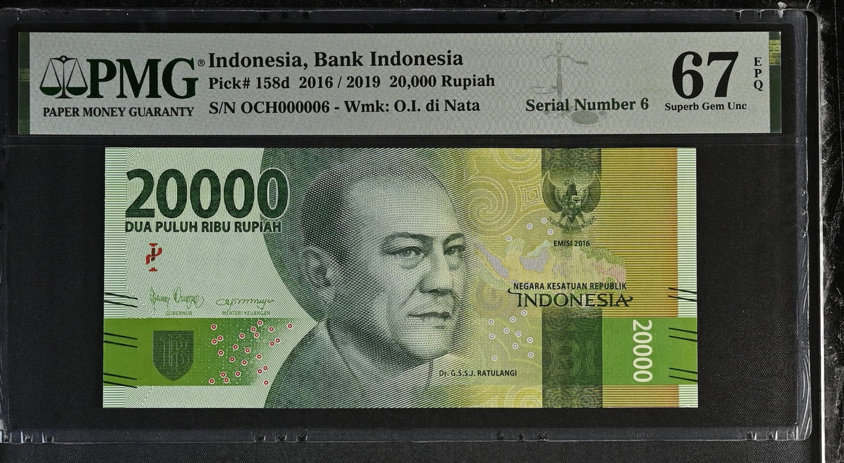 Indonesia 20000 Rupiah 2016/2019 P 158 d LOW Serial# 6 Superb Gem UNC PMG 67 EPQ