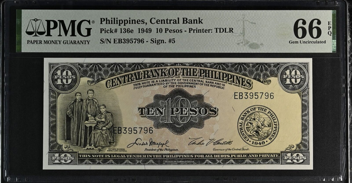 Philippines 10 Peso 1949 P 136 e Gem UNC PMG 66 EPQ