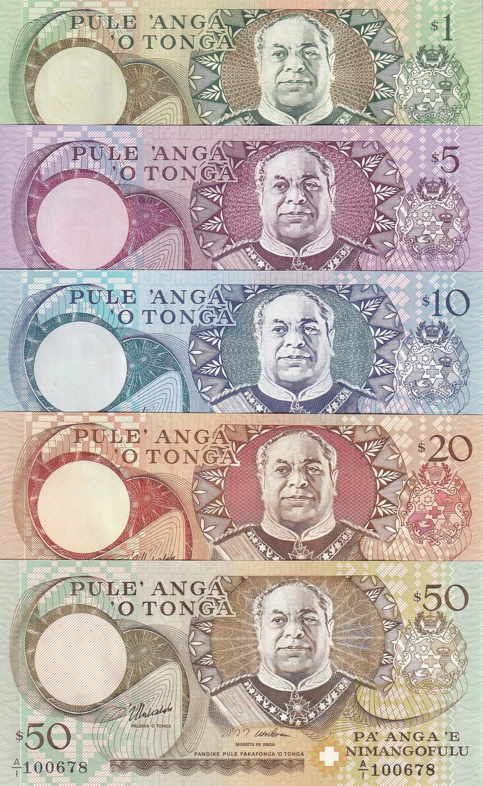 Tonga Set 5 PCS 1 5 10 20 50 Pa'anga ND 1995 P 31 P 33 P 34 P 35 P 36 UNC