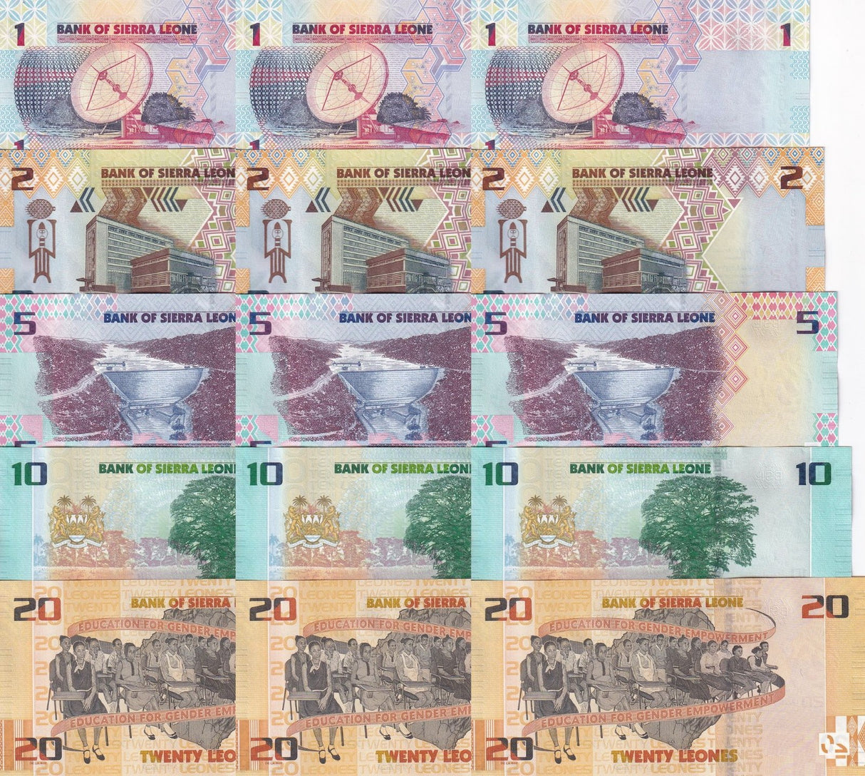 Sierra Leone Set 5 X LOT 3 = 15 UNC 1 2 5 10 20 Leones 2022 P 34 - P 38 CUT Zero