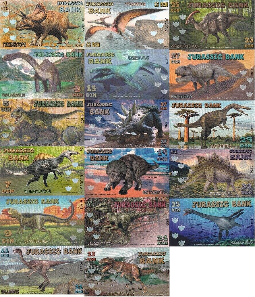 Jurassic Bank Set 17 Pcs 1 - 35 Din 2015 Polymer Dinosaurs