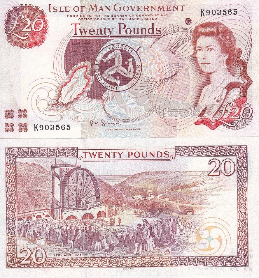 Isle of Man 20 Pounds ND 2013 P 49 UNC , QEII , Laxey wheel , TDLR