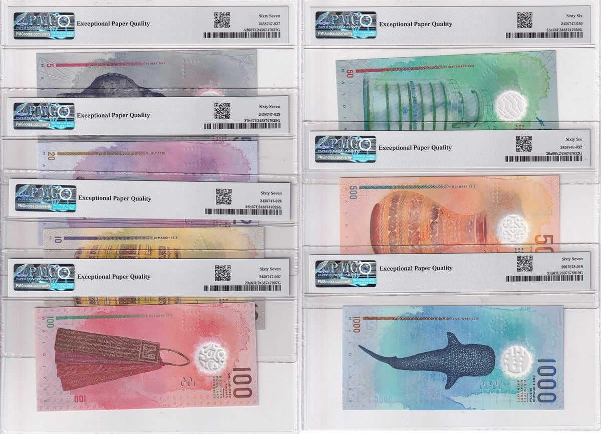 Maldives set 7; 5 -1000 Rufiyaa 2015-2022 P A26- 31 Gem UNC PMG 66 67 EPQ