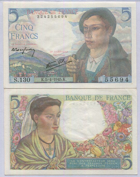 France 5 Francs 1943-1945 P 98 a AUnc Shepherd, Rousseau & Favre-Gilly