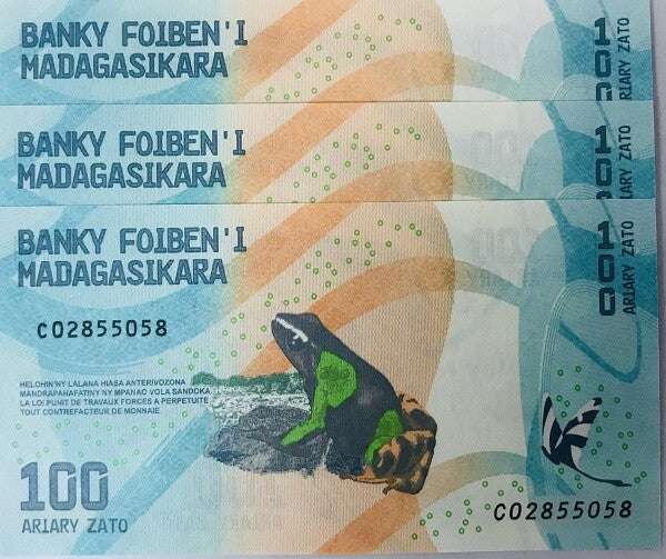 Madagascar 100 Ariary 2017 P 97 UNC Lot 3 Pcs