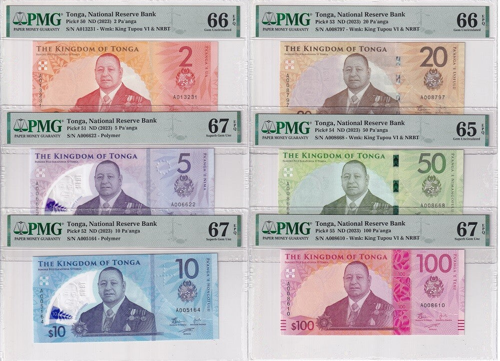Tonga Set 6; 2 5 -100 Pananga 2023 P 50- 54 55 Superb Gem UNC PMG 65 66 67 EPQ