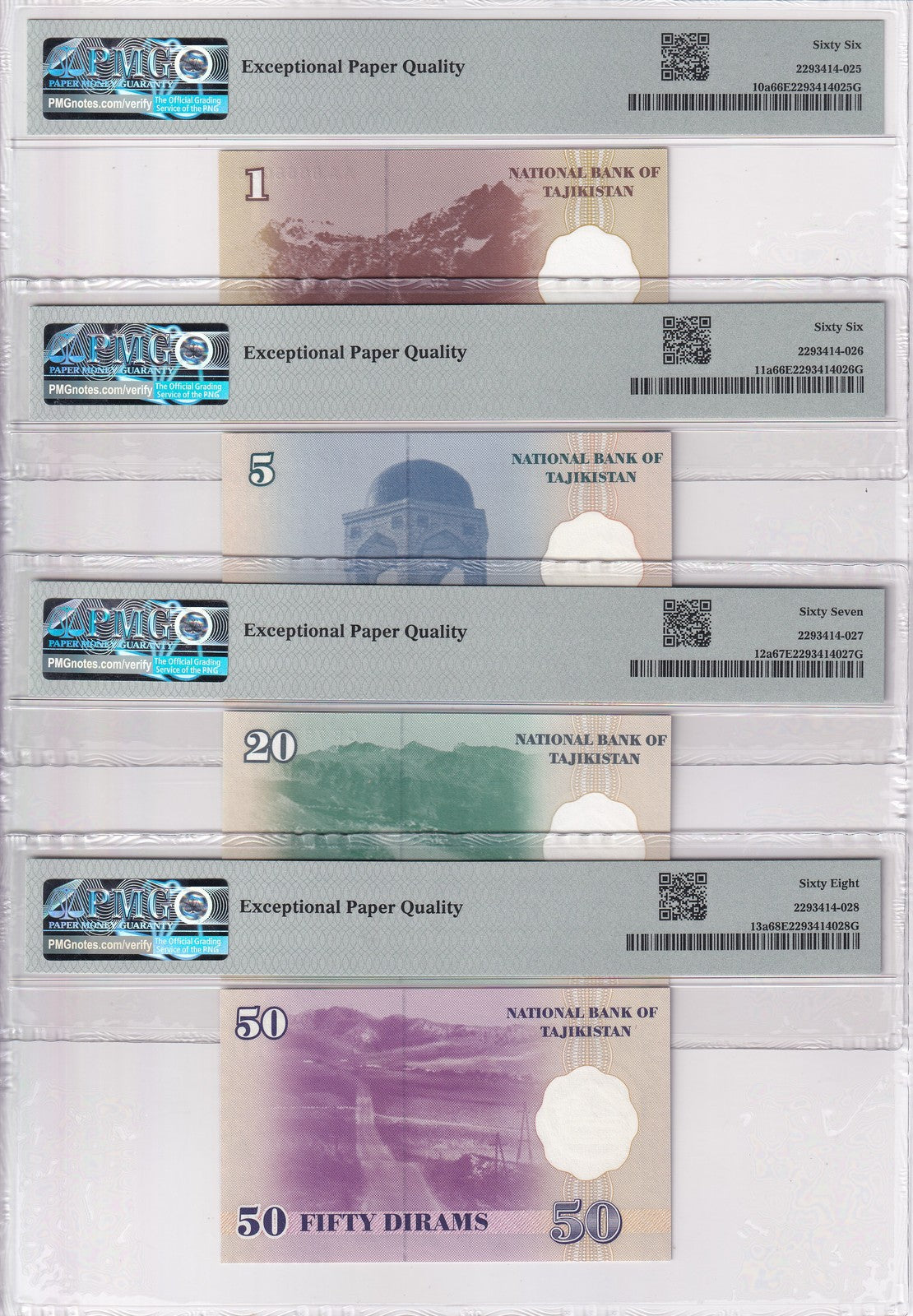 Tajikistan Set 4 ; 1 5 20 50 Diram 1999 P 10- 13 Superb Gem UNC PMG 66 67 68 EPQ