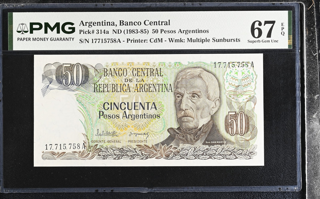 Argentina 50 Pesos Argentinos ND 1983-1985 P 314 a Superb Gem UNC PMG 67 EPQ