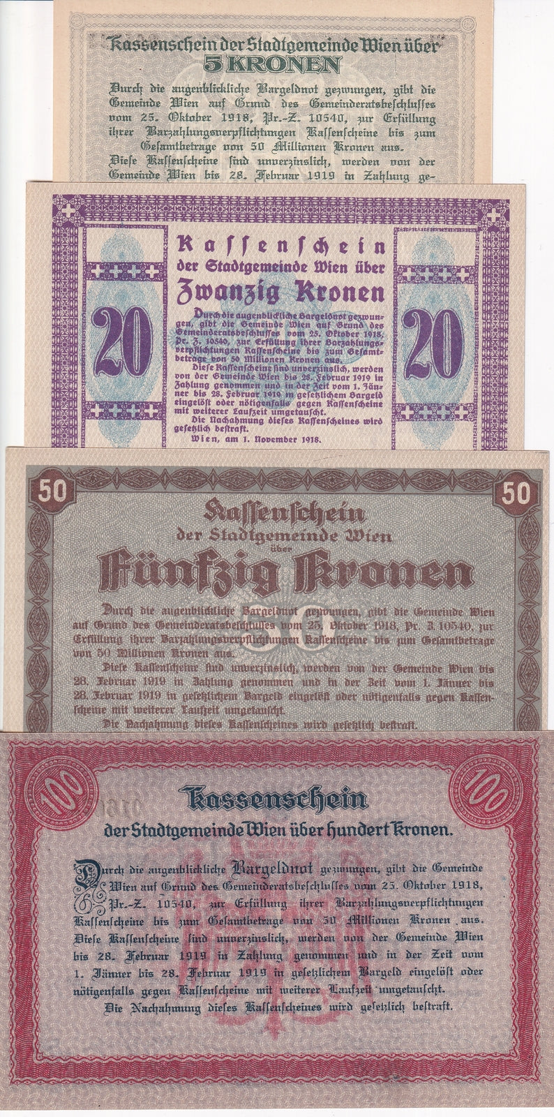Austria SET 4 PCS 5 20 50 100 Kronen 1918 Municipality of Vienna P NL UNC