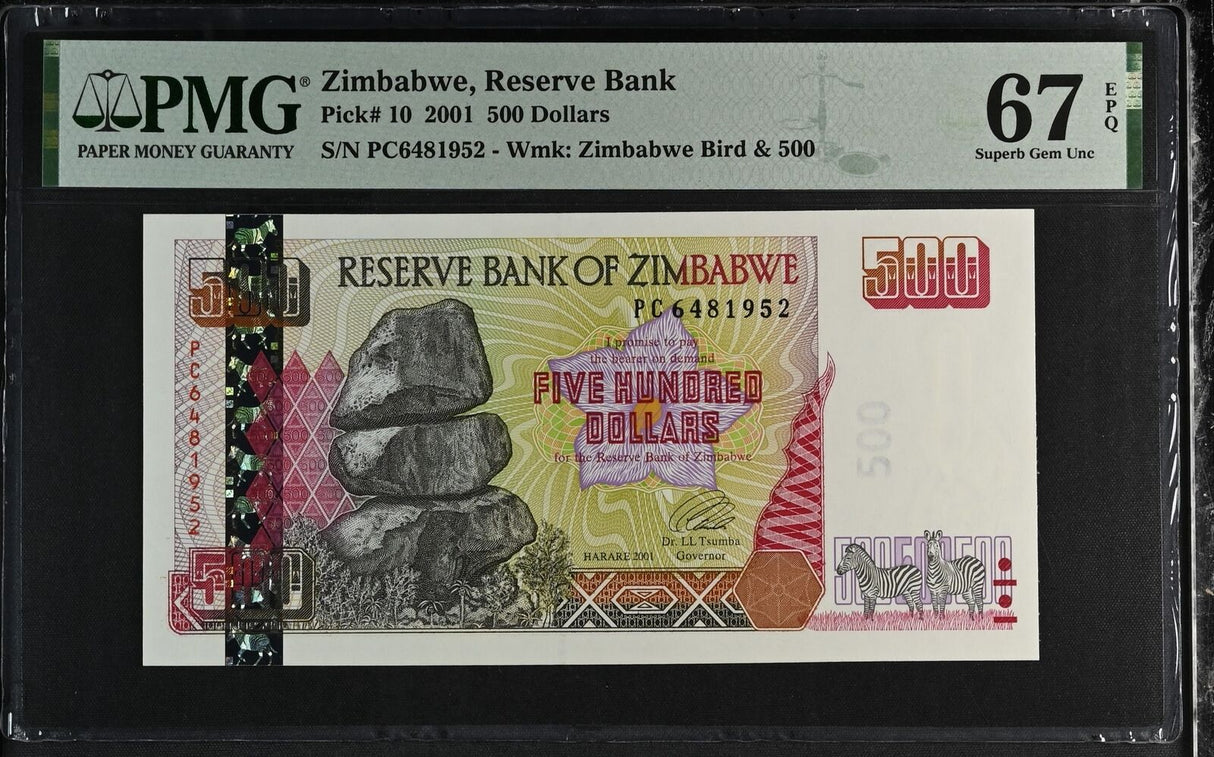 Zimbabwe 500 Dollars 2001 P 10 (Pink) Superb Gem UNC PMG 67 EPQ
