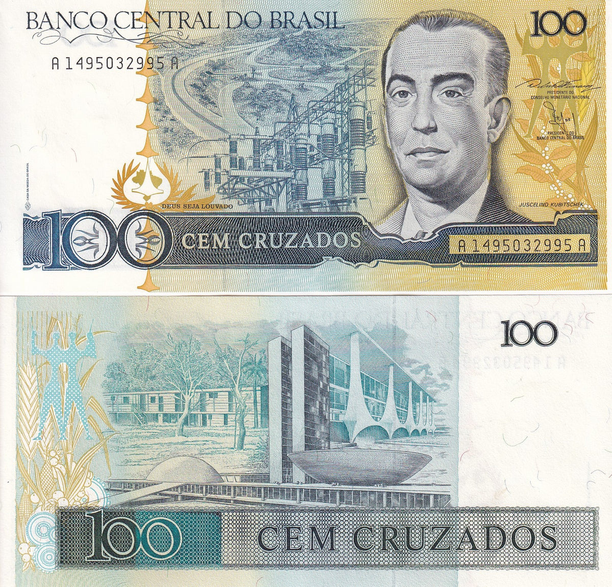 Brazil 100 Cruzados ND 1986-1988 P 211 UNC ,Juscelino Kubitschek