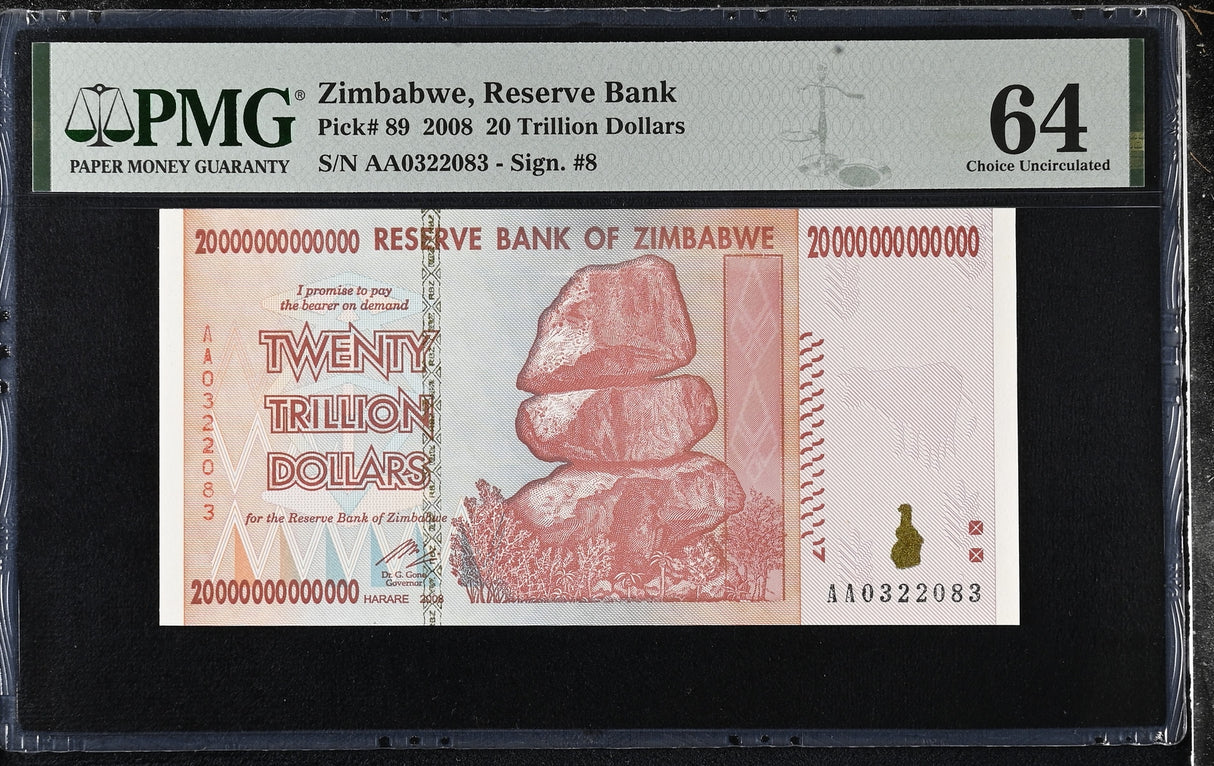 Zimbabwe 20 Trillion Dollars 2008 P 89 Choice UNC PMG 64
