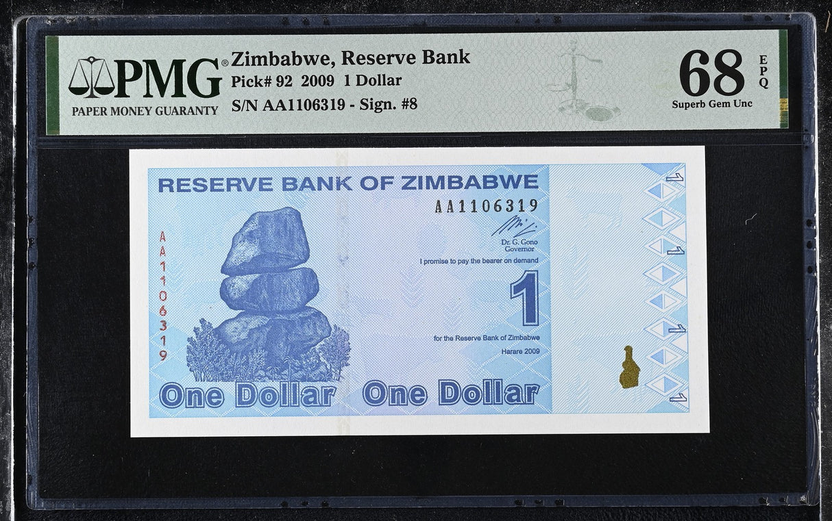 Zimbabwe 1 Dollar 2009 P 92 Superb GEM UNC PMG 68 EPQ TOP POP