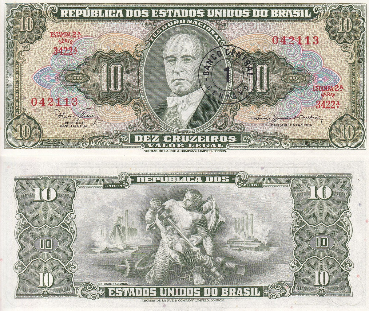 Brazil 1 Centavo on 10 Cruzeiros ND 1967 P 183 b UNC, Getúlio Vargas, Allegorica