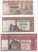 Egypt Set 3 Pcs 1 10 50 Piastres Mixed Years P 43 P 44 P 46 AUnc