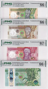 Turkmenistan Set 4; 1 5 10 200 Manat 2025 Comm. Superb Gem UNC PMG 66 67 EPQ