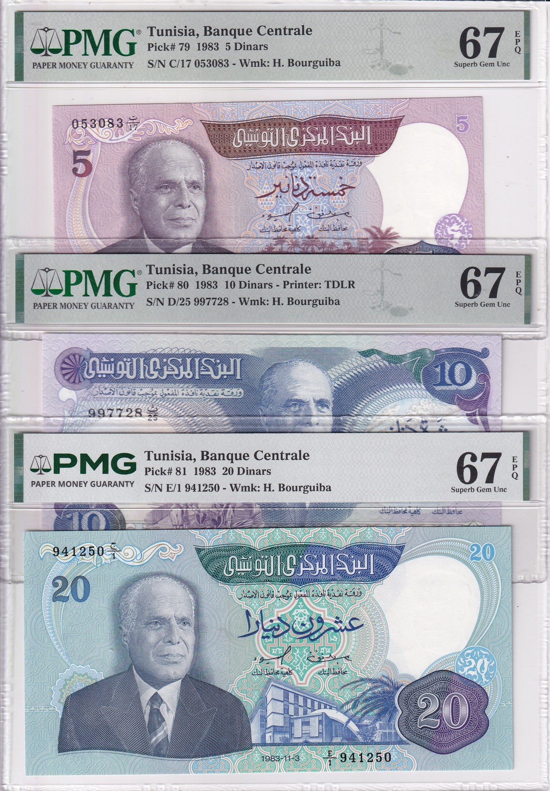 Tunisia Set 3; 5 10 20 Dinars 1983 P 79-P 81 Gem UNC PMG 66 EPQ Wmk H.Bourguiba