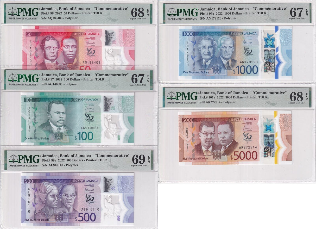 Jamaica Set 5; 50-5000 Dollars 2022 P 96-P 101 Superb Gem UNC PMG 67 68 69 EPQ