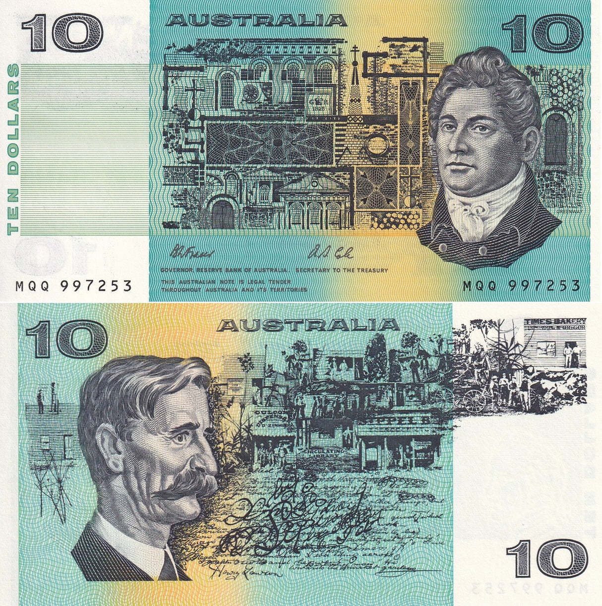 Australia SET 2 UNC 10 Dollars ND 1974-1993 PAPER Polymer P 45 52 Red W/Folder