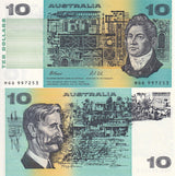 Australia SET 2 UNC 10 Dollars ND 1974-1993 PAPER Polymer P 45 52 Red W/Folder