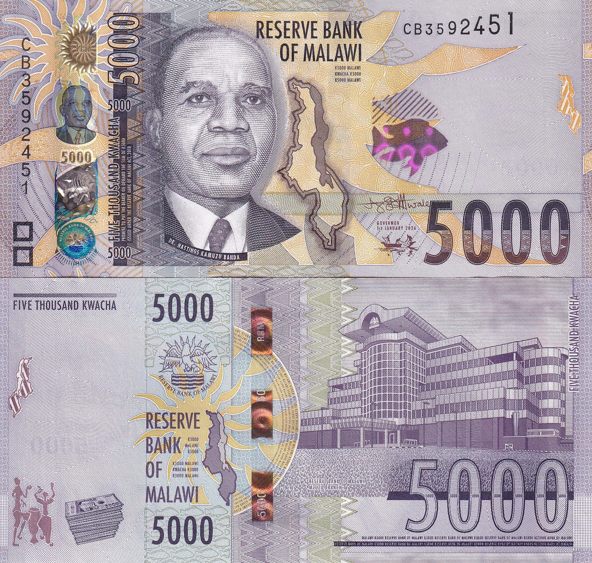 Malawi 5000 Kwacha 2026 P 71 Mzuzu Dr. Hastings Kamuzu Banda UNC