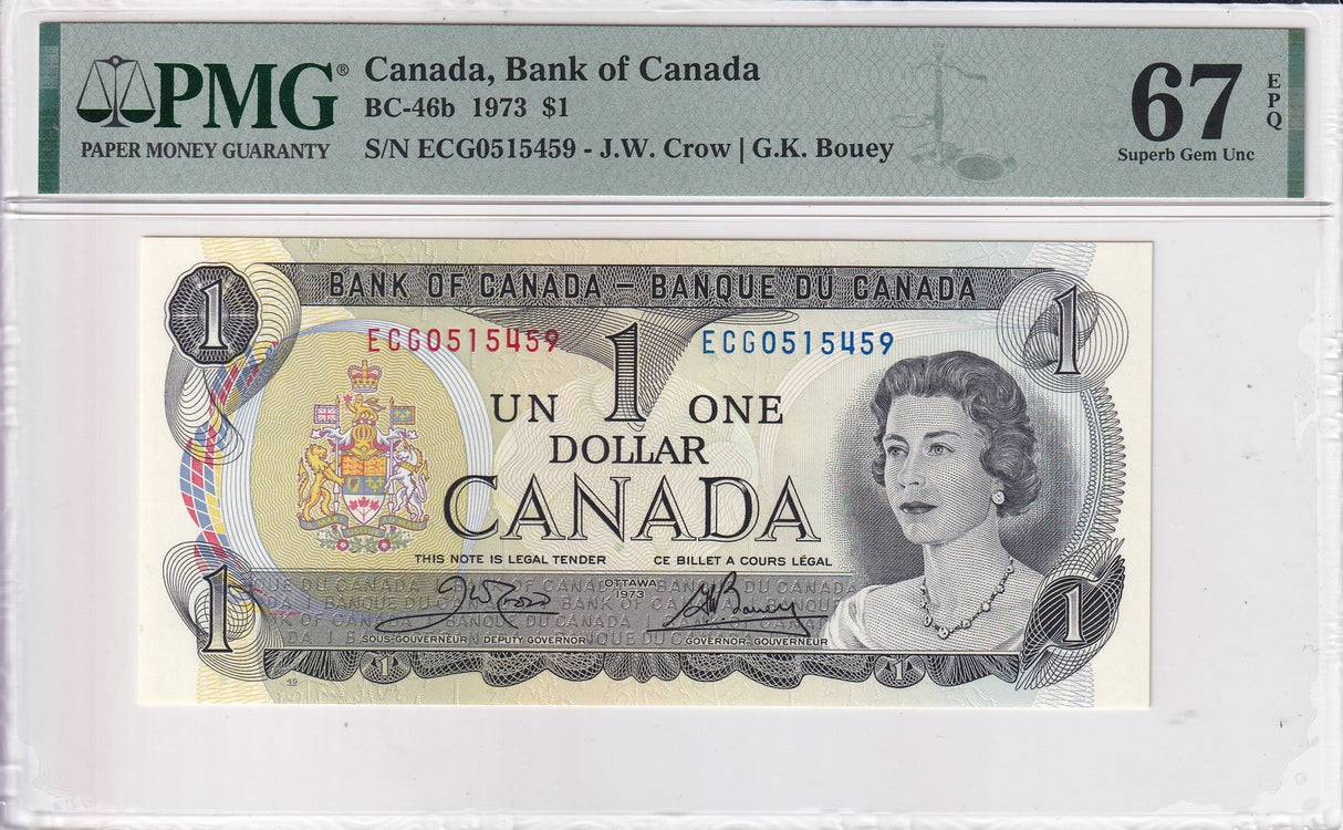 Canada 1 Dollar 1973 P 85 c Crow Bouey Superb Gem UNC PMG 67 EPQ
