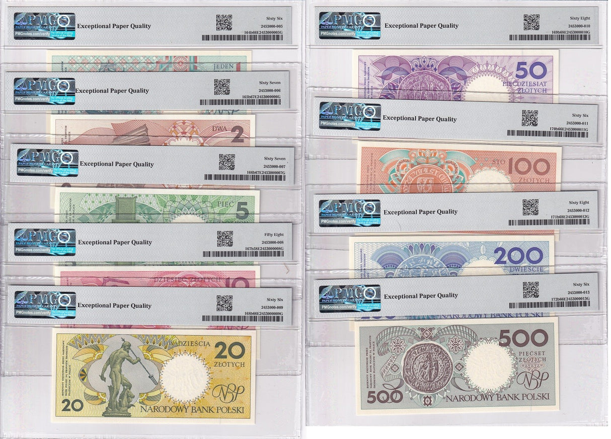 Poland Set 9; 1 2 5-20-500 Zlotych 1990 P164-172 Gem UNC PMG 58 66 67 68 EPQ