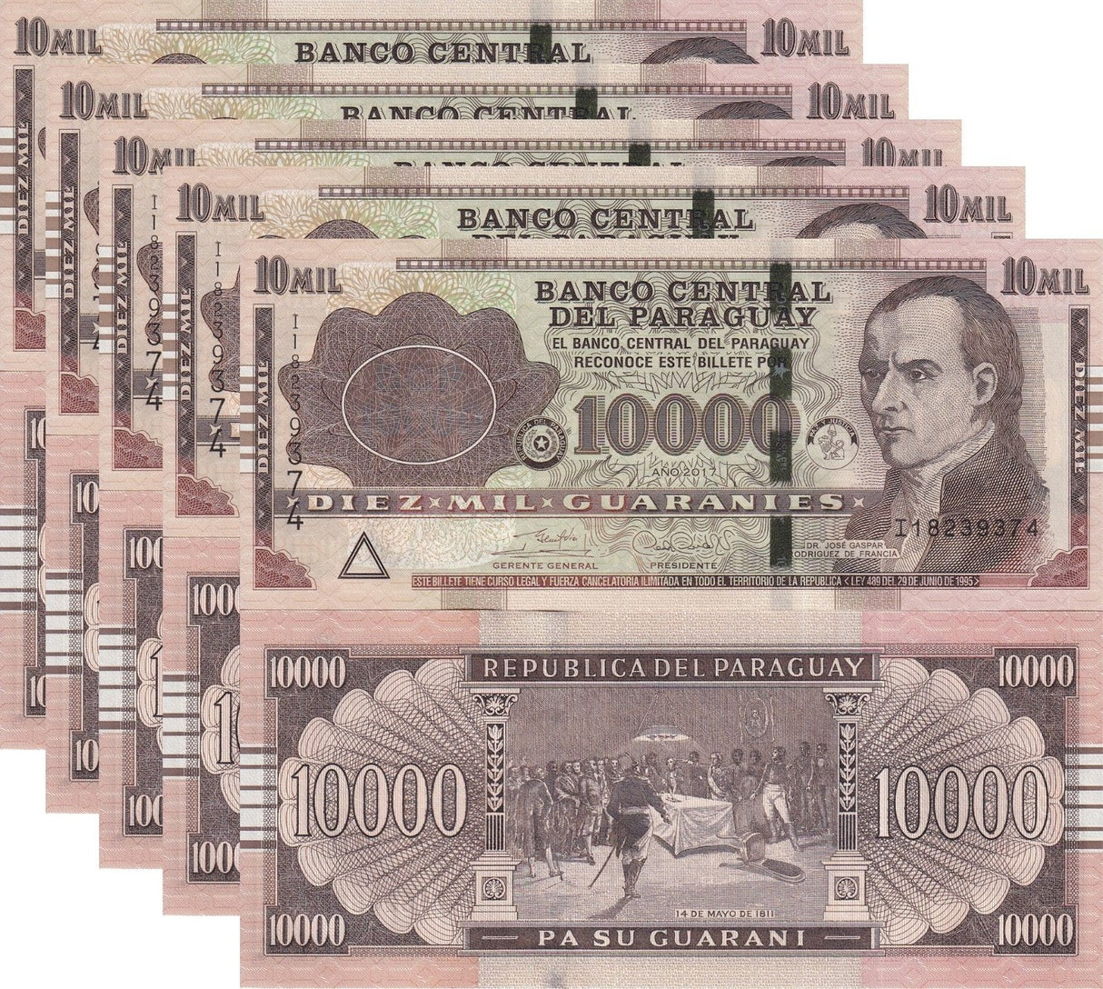 Paraguay 10000 Guaranies 2017 Serie I P A238 New Sign UNC LOT 5 PCS
