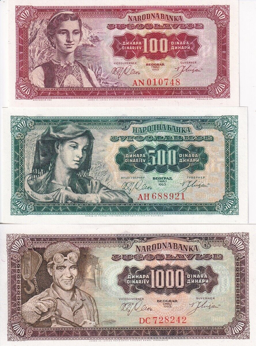 Yugoslavia 100 500 1000 Dinara 1963 P 73 P 74 P 75 UNC
