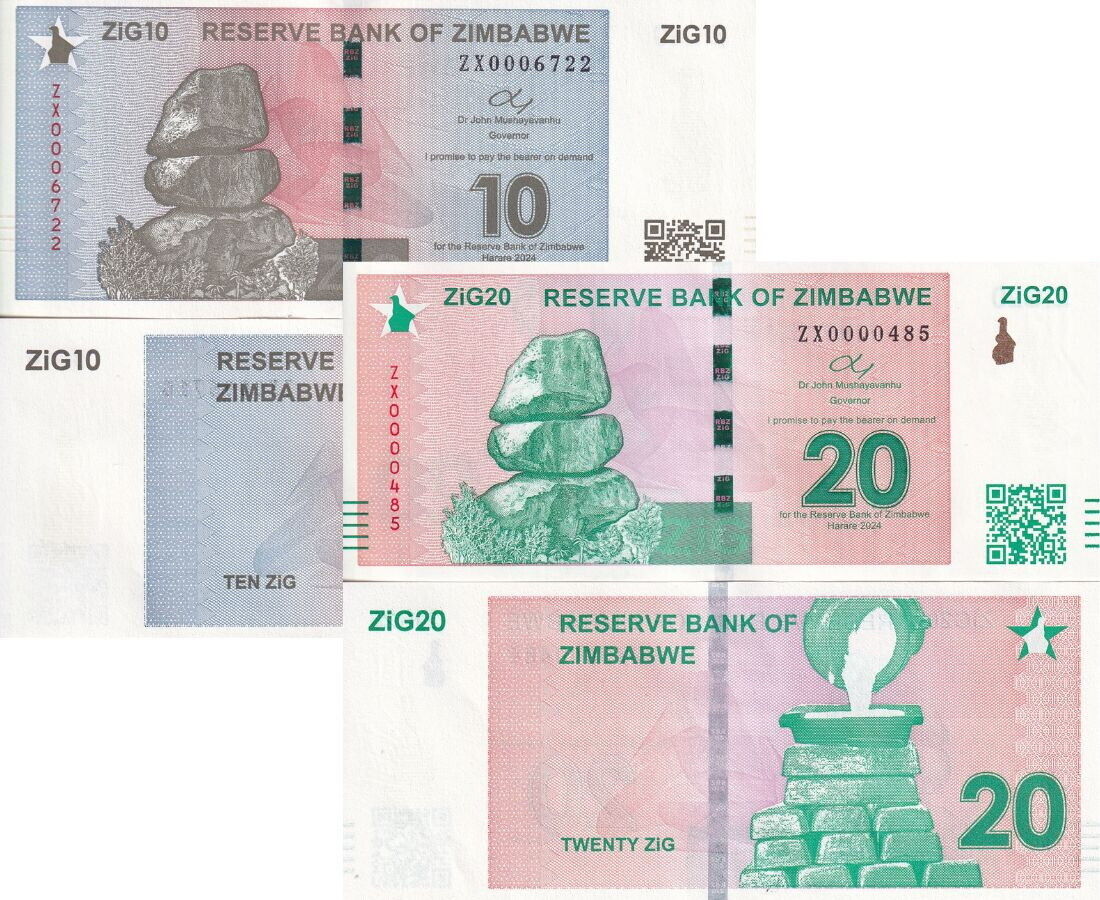 Zimbabwe SET 2,10 20 ZiG 2024 P NEW Replacement ZX Gold Backed UNC Wit ...