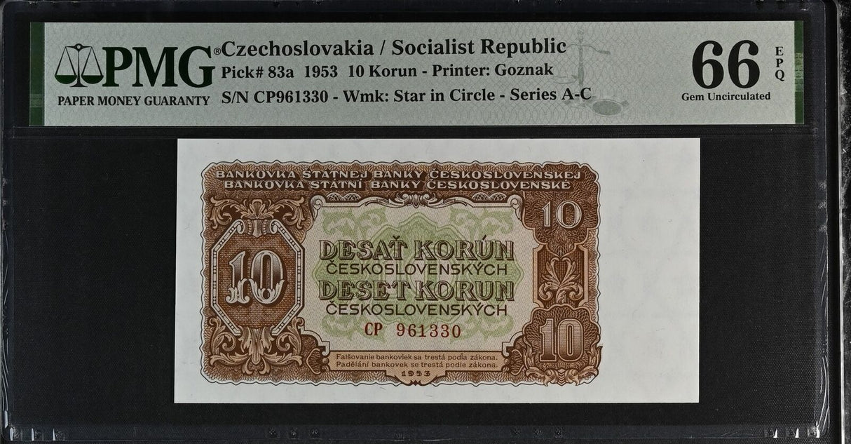 Czechoslovakia 10 Korun 1953 P 83 a Gem UNC PMG 66 EPQ