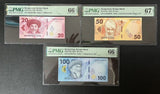 Kyrgyzstan Set 3; 20 50 100 Som 2023 P 34 35 36 Superb Gem UNC PMG 66 67 EPQ