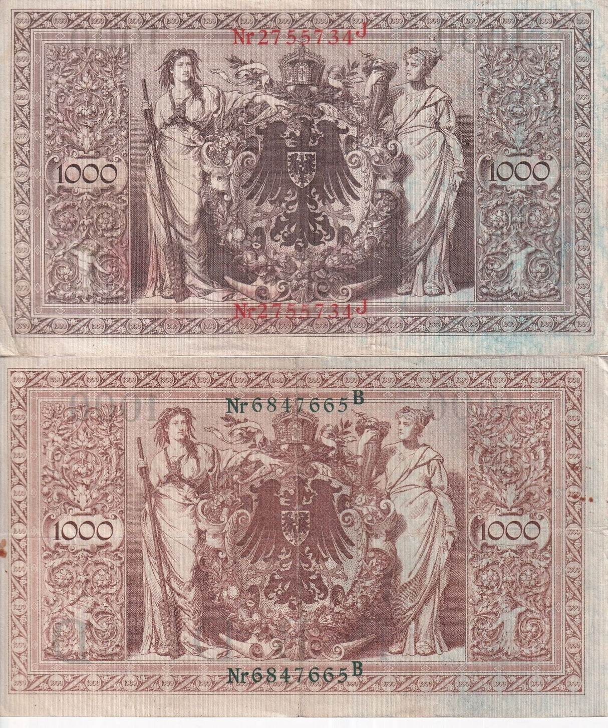 Germany SET 2 , 1000 Mark 1910 Green + Red Seal P 44 45 Fine Used Circulated