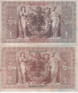 Germany SET 2 , 1000 Mark 1910 Green + Red Seal P 44 45 Fine Used Circulated