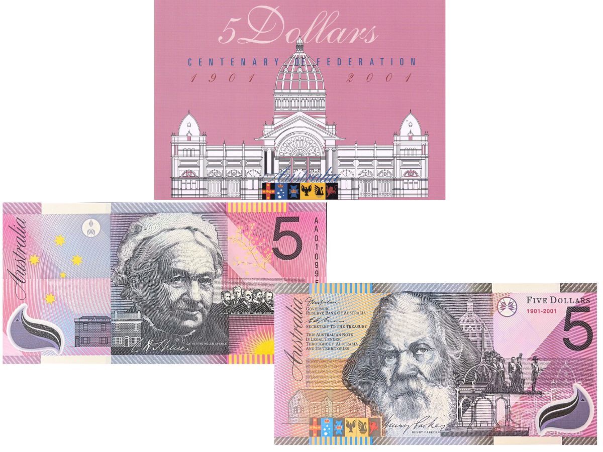 Australia 5 Dollars Commemorative 1901- 2001 Polymer P 56 b With Folder UNC